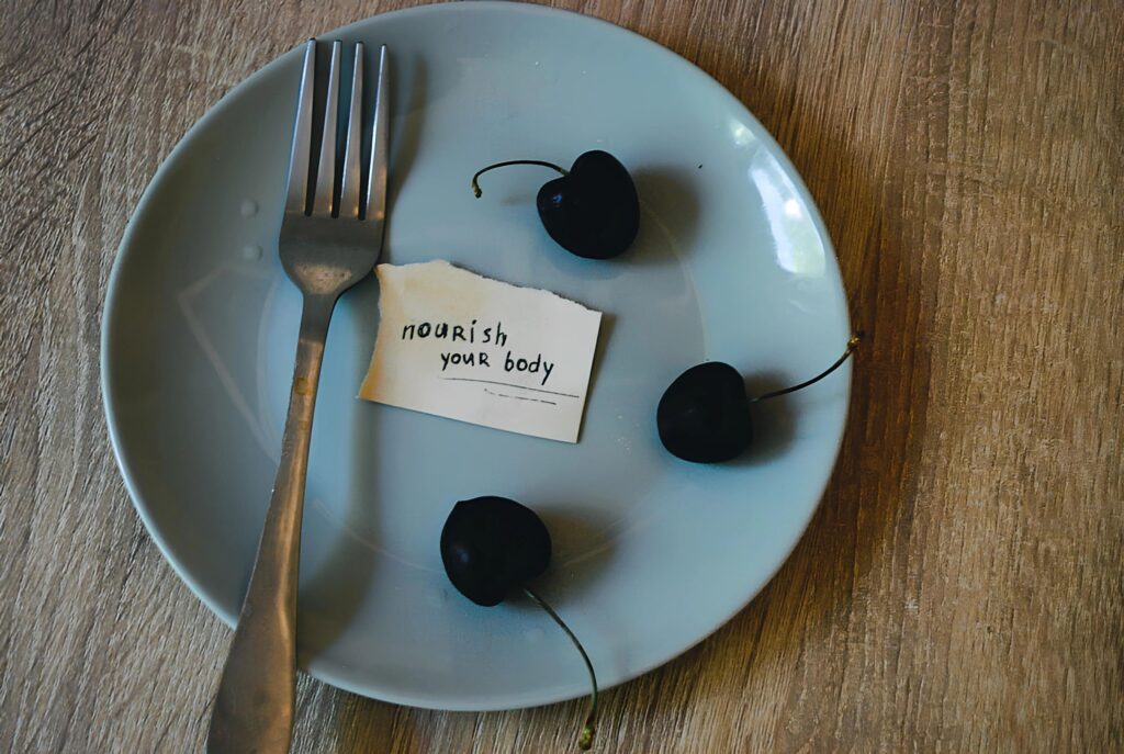 Minimalist Healthy Eating Concept with Cherries and Motivational Note
