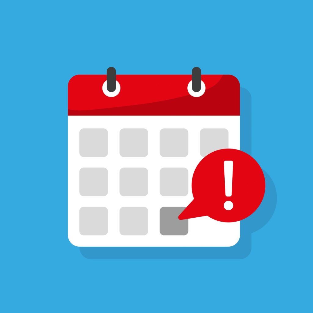 Calendar reminder icon. Red date highlight. Exclamation note bubble. Vector day alert.